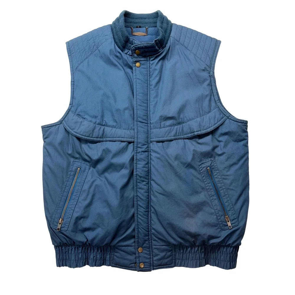 Vintage Expeditions Blue Puffer Vest Mens Large Quilted Pockets Full Zip Snap